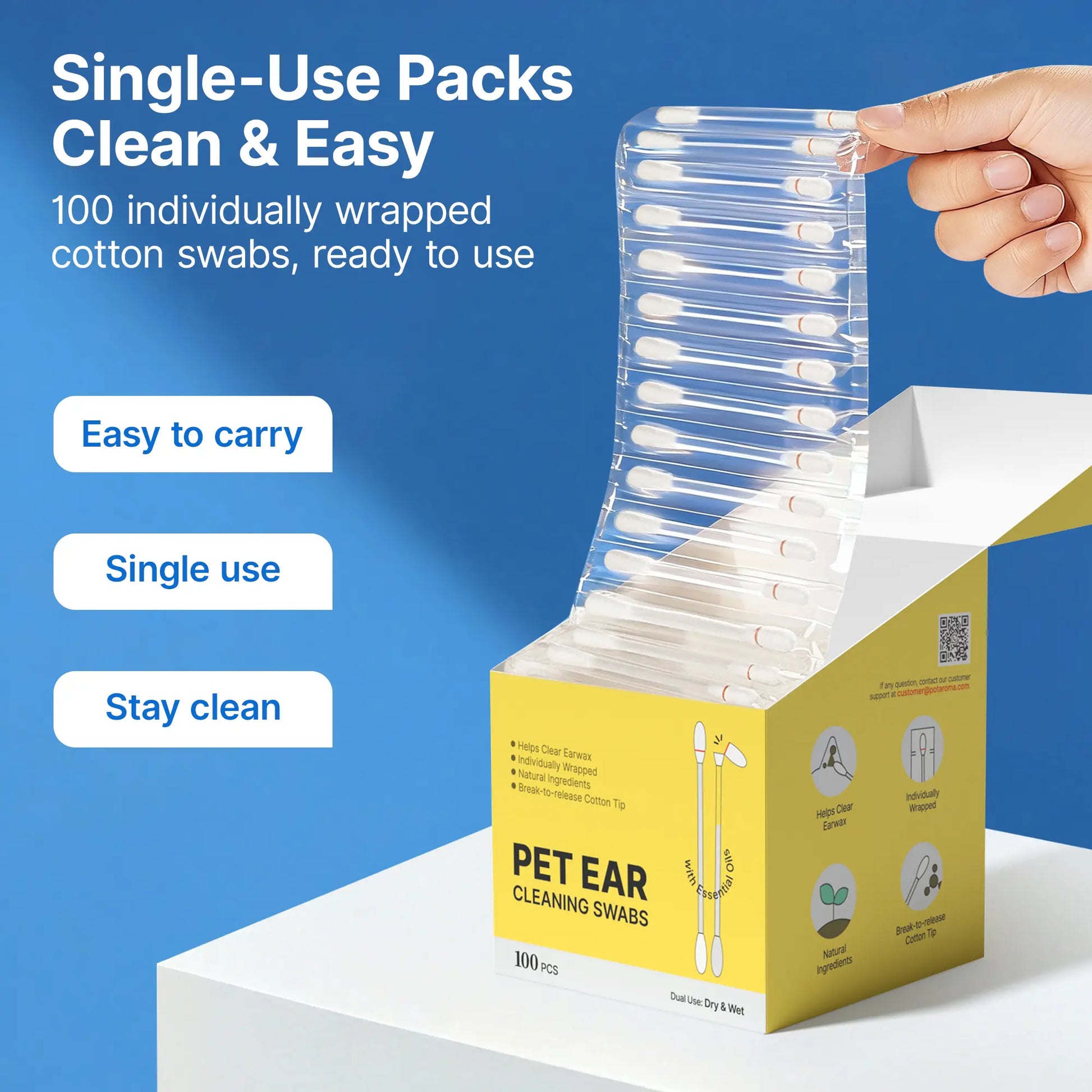 Pawfirst 100 Pack Disposable Pet Ear Cleaner Swabs, Break-To-Release Earwax & Odor Remover with Aloe, Witch Hazel & Chamomile for Dogs & Cats