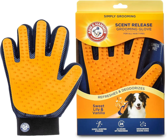 Arm & Hammer “Simply Calm” Dog Grooming Deodorizing Glove with Fragrance Transfer Technology – Scented Silicone Hand Brush for Bathing & Shedding, Sweet Lily & Vanilla Scent
