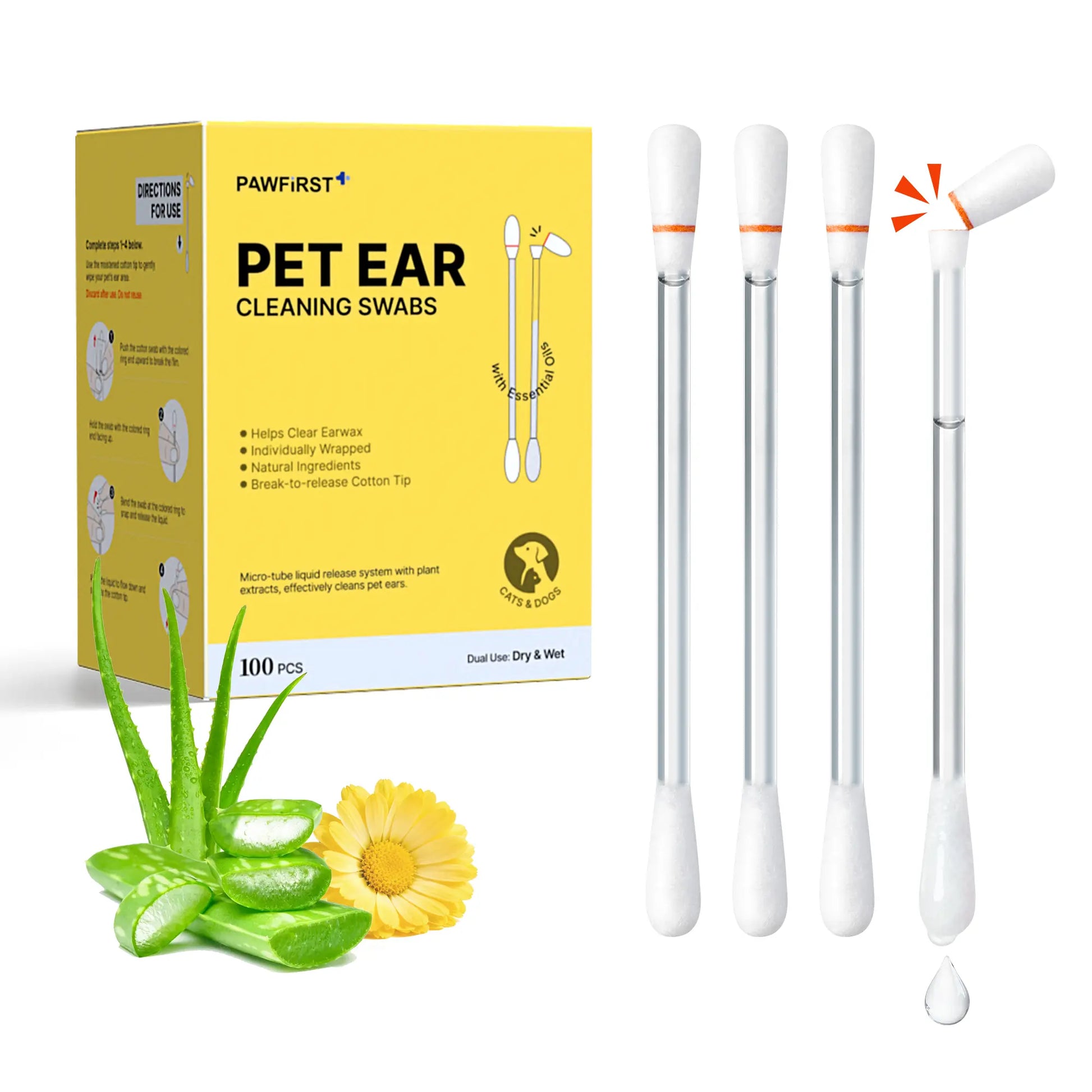 Pawfirst 100 Pack Disposable Pet Ear Cleaner Swabs, Break-To-Release Earwax & Odor Remover with Aloe, Witch Hazel & Chamomile for Dogs & Cats